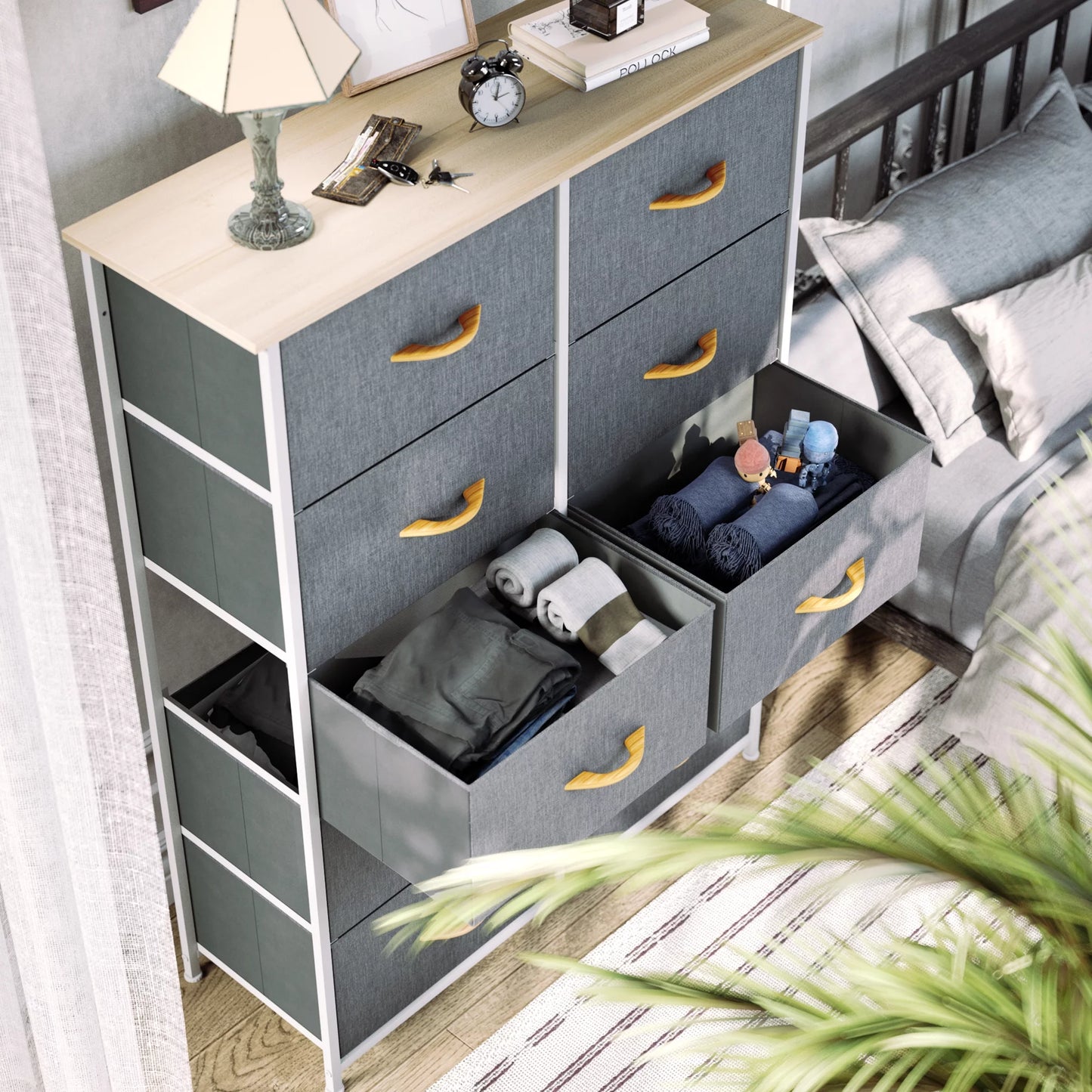 10 Drawer Dresser Chest of Storage Dresser Tall Fabric Dresser Storage Cabinet Bin Nightstand Cabinet, Gray - Puck's