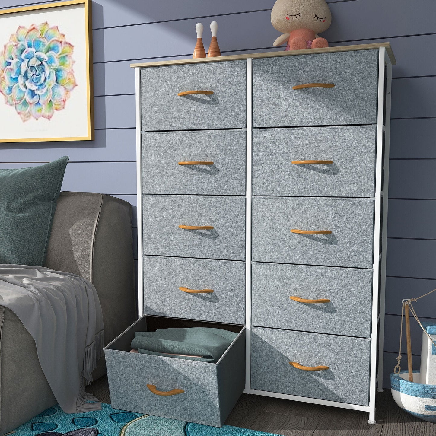 10 Drawer Dresser Chest of Storage Dresser Tall Fabric Dresser Storage Cabinet Bin Nightstand Cabinet, Gray - Puck's
