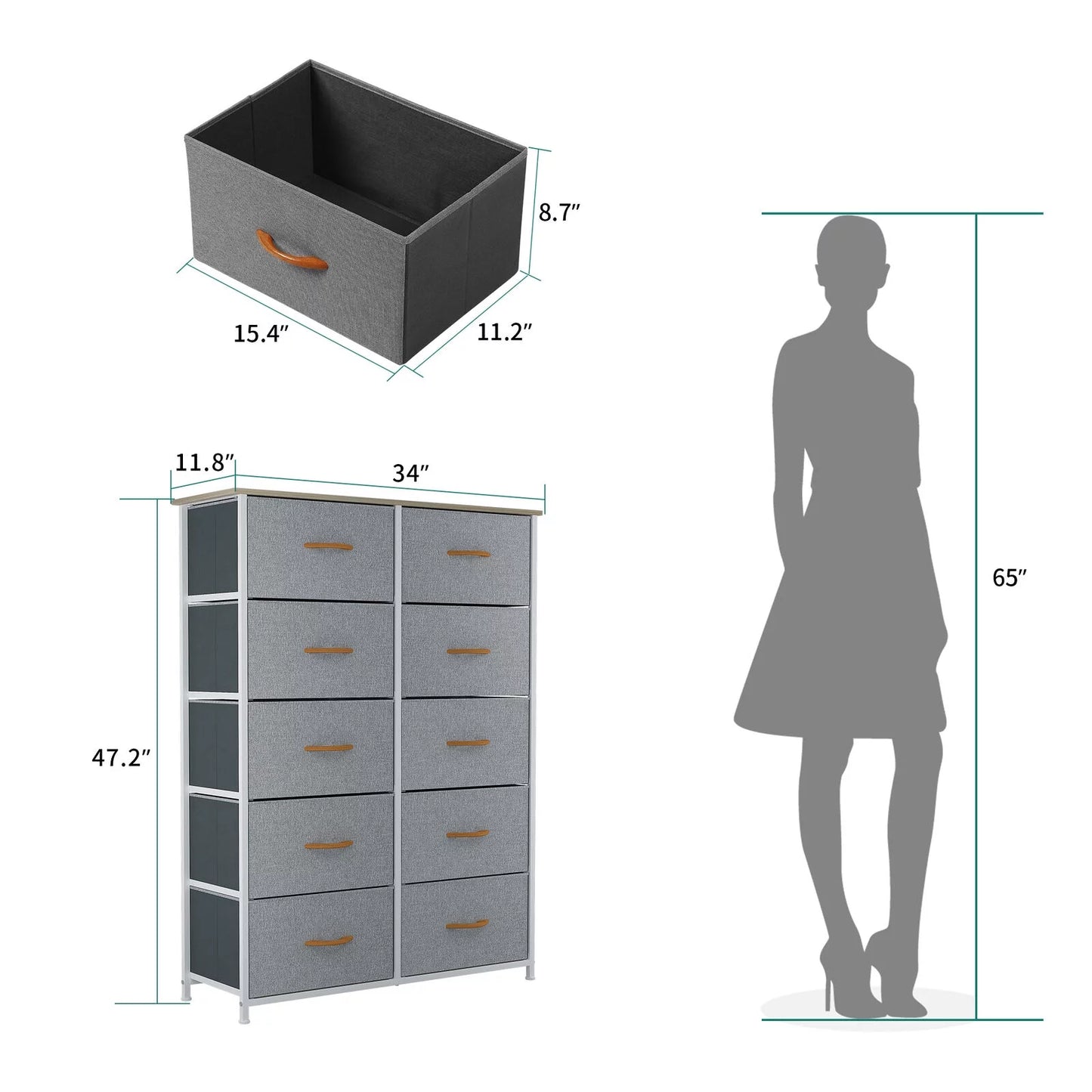 10 Drawer Dresser Chest of Storage Dresser Tall Fabric Dresser Storage Cabinet Bin Nightstand Cabinet, Gray - Puck's