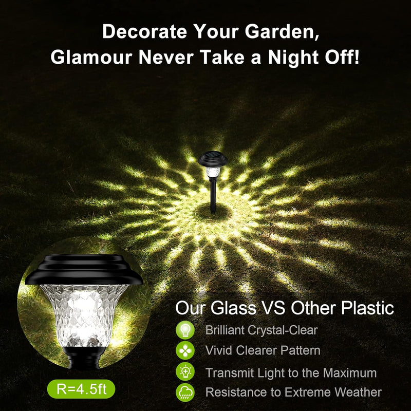Glass Solar Lights Outdoor, 8 Pack Super Bright Solar Pathway Lights, up to 12 Hrs Long Last Auto On/Off Garden Lights Solar Powered Waterproof, Stainless Steel LED Landscape Lighting for Yard - Puck's