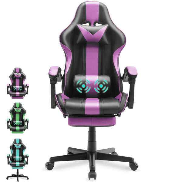 Gaming Chair with Footrest, Office Computer Chair with Massage Lumbar Pillow and Headrest, Swivel Leather Gamer Chairs for Adults Kids, Purple - Puck's