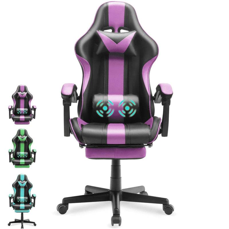 Gaming Chair with Footrest, Office Computer Chair with Massage Lumbar Pillow and Headrest, Swivel Leather Gamer Chairs for Adults Kids, Purple - Puck's