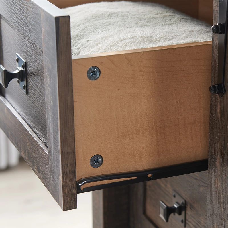 Modern Farmhouse 5-laden dressoir met schuurdeur, verstelbaar opbergmeubel voor slaapkamer, woonkamer, donker rustiek eiken - Puck's
