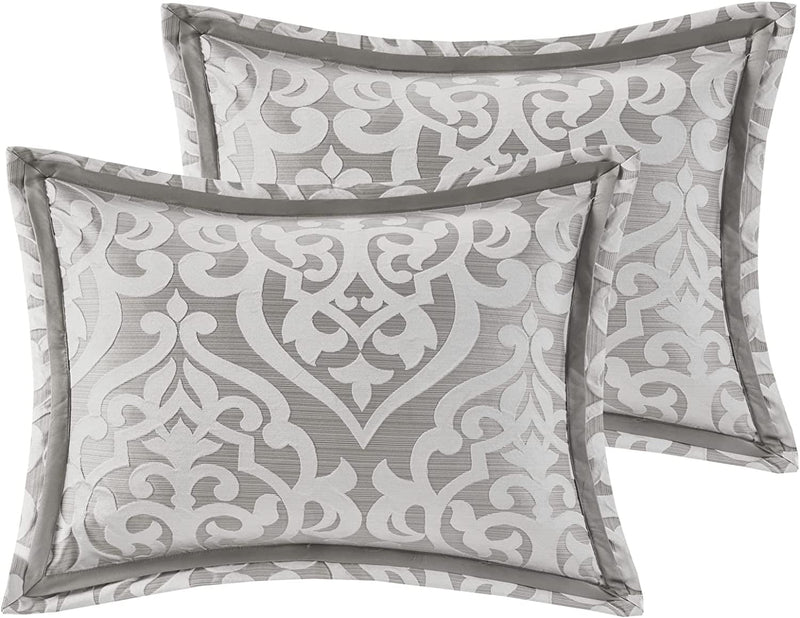 Tesla Cozy Comforter Set Jacquard Damask Medallion Design - All Season down Alternative Bedding, Shams, Bedskirt, Decorative Pillows, Queen, Silver 6 Piece - Puck's