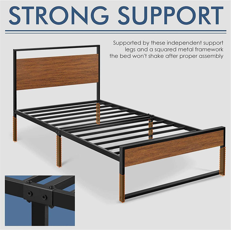 Twin Size Bed Frame, Single Metal Platform Bed with Rustic Wooden Headboard and Footboard, No Box Spring Needed/12 Inch Underbed Storage Space/No Noise/Easy Assembly, Walnut - Puck's