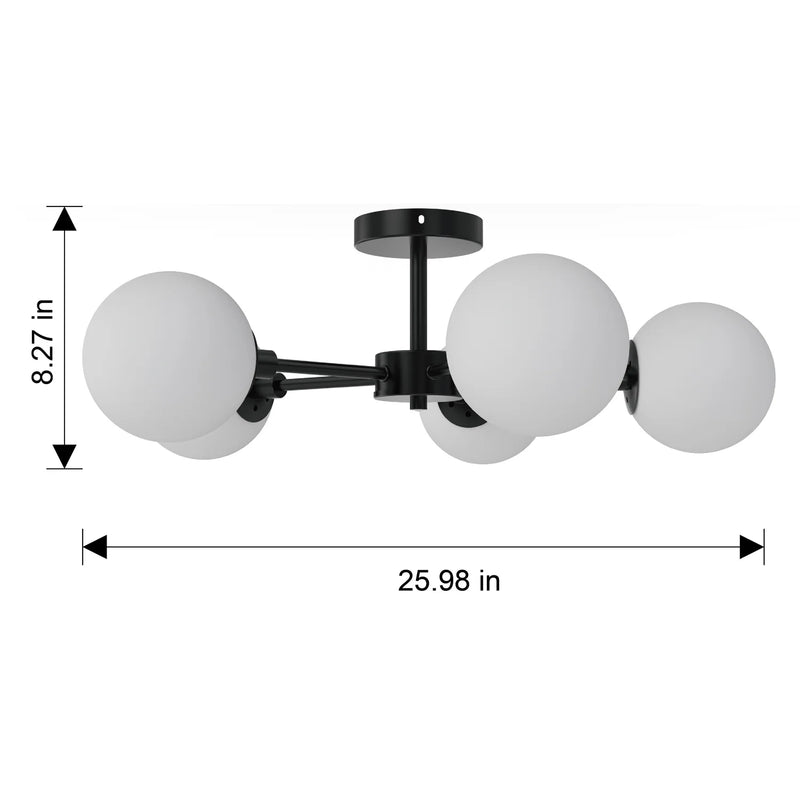 26" Architectural 5-Globe Ceiling Light, Black Finish Frosted Glass Shades - Puck's