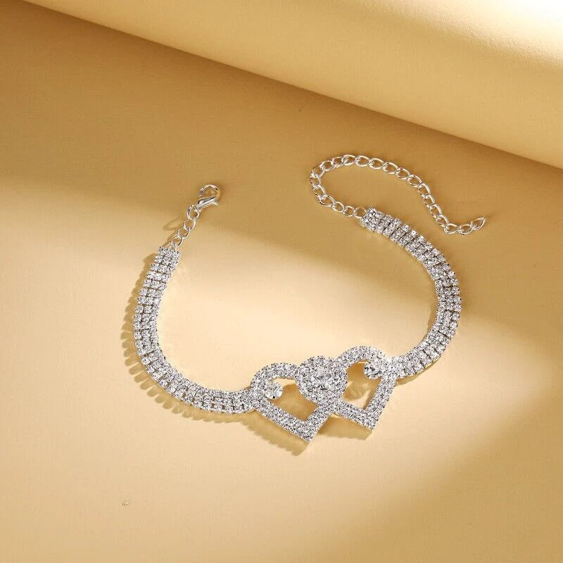 Double Heart Anklet Bracelet Love Barefoot Chain Bling Crystal Ankle Bracelet US - Puck's