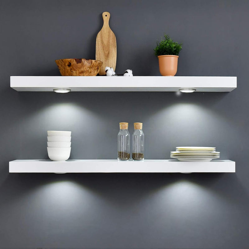 White Floating Shelf with Touch-Sensing Battery Powered LED Light,Wall Mounted Display Shelves for Entrance, Living Room, Bedroom, Kitchen and Bathroom (48-INCH, White) - Puck's