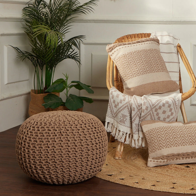 · round Pouf Ottoman - Hand Knitted Cable Boho Poof Home Décor Pouffe Circular Footrest for Living Room - Bedroom - Lounge - 100% Cotton (19.5"X19.5"X14") - Beige - Puck's