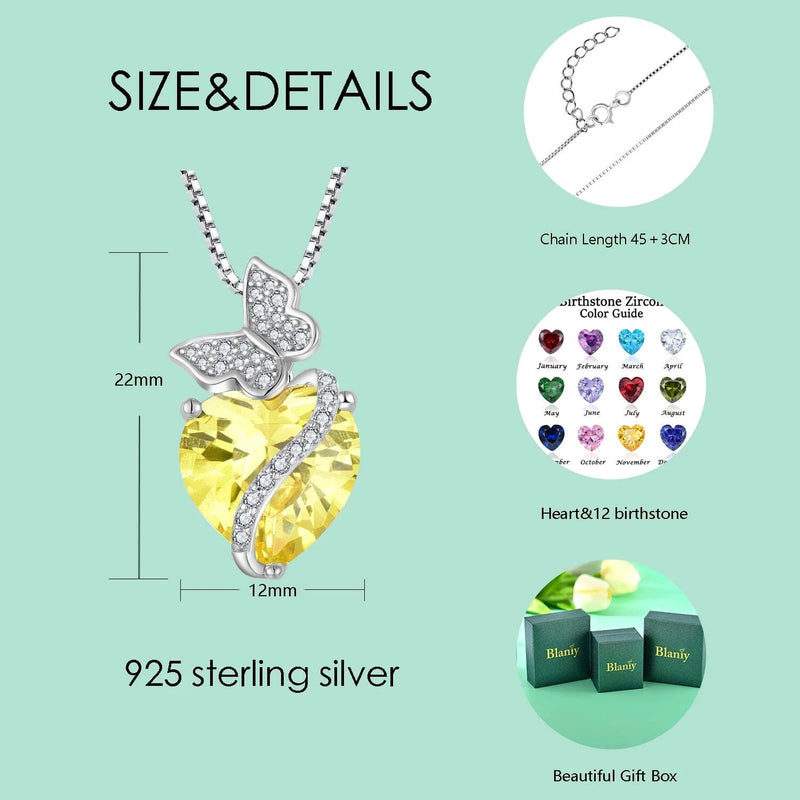 Sterling Silver November Birthstone Heart Necklace Butterfly Pendant Jewelry Gift for Women - Puck's