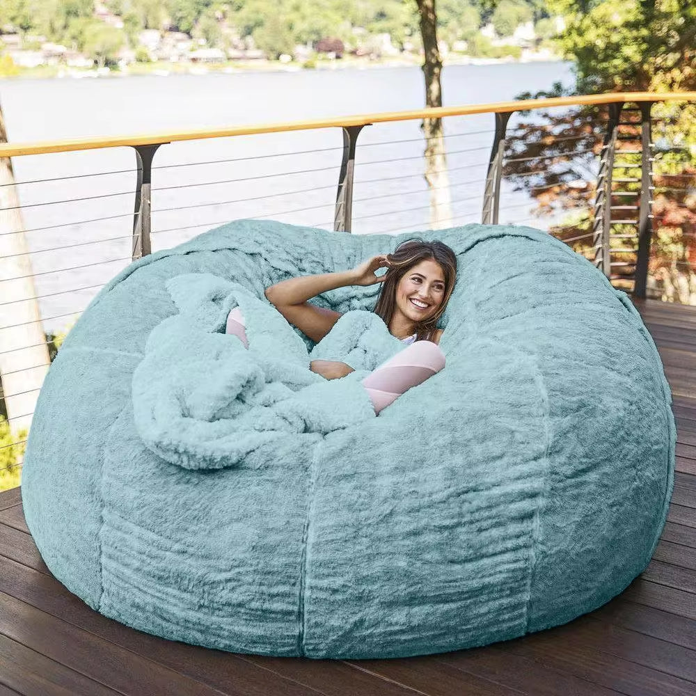 7-Foot Bean Bag Chair with Furry Fur Cover Machine Washable Big Size Sofa and Giant Lounger Furniture - Puck's