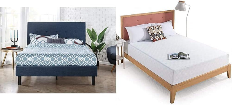 Omkaram Upholstered Platform Bed with Wood Slat Support, Full & 10 Inch Gel-Infused Green Tea Memory Foam Mattress, Full - Puck's