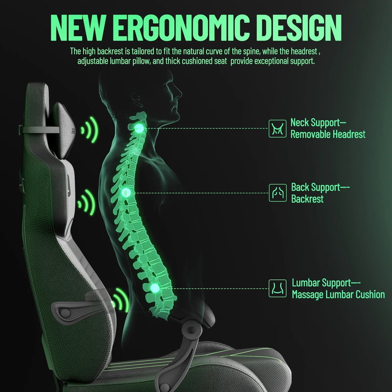 Grey Gaming Chair with Footrest, Ergonomic Computer Chair with Adjustable Height, Leather Office Chair with Massage Lumbar Support, Video Game Gamer Chair for Adults - Puck's