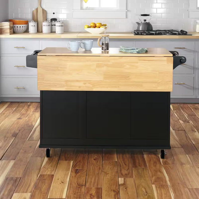 Dolly Madison Black Kitchen Cart with Natural Wood Top