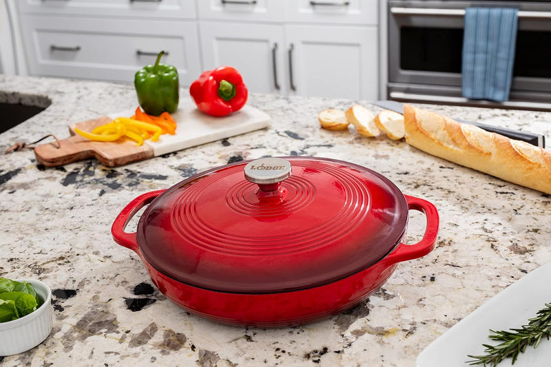 3.6 Quart Enameled Cast Iron Oval Casserole with Lid– Dual Handles – Oven Safe up to 500° F or on Stovetop - Use to Marinate, Cook, Bake, Refrigerate and Serve – Island Spice Red - Puck's