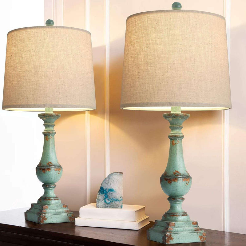 24.5" Rustic Table Lamp Set of 2 - Farmhouse Bedside Nightstand Lamps for Bedroom, Kids Room, Study Room, Office - Resin Green - Puck's