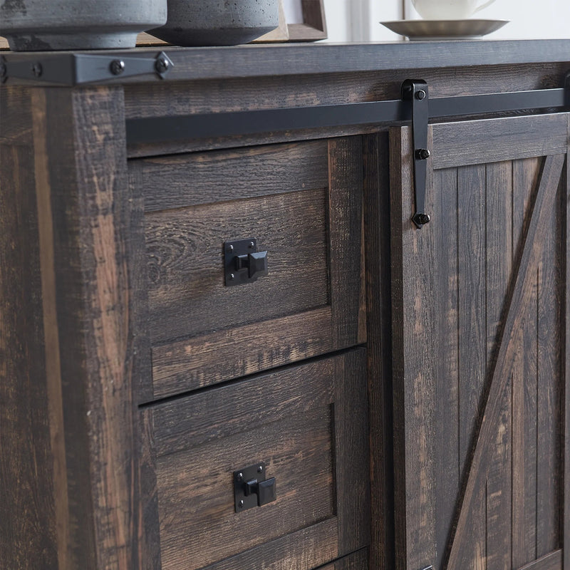 Modern Farmhouse 5-laden dressoir met schuurdeur, verstelbaar opbergmeubel voor slaapkamer, woonkamer, donker rustiek eiken - Puck's