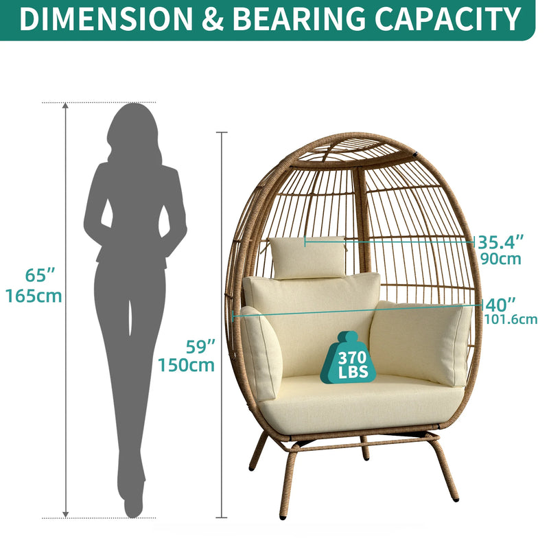 Wicker Egg Chair Outdoor Indoor Oversized Lounger with Stand and Cushions Egg Basket Chair for Patio Backyard Porch - Beige - Puck's