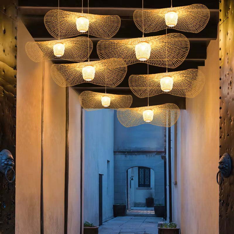 Chinese Bamboo Weaving Wicker Rattan Shade Cap Pendant Light E27 Lamps Lanterns Handmade Living Room Hotel Pendant Lamps - Puck's