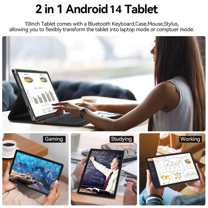 10Inch Android 14 Tablet,4G Cellular Tablet with 128GB ROM+14(8+6)GB RAM,5G Wifi,Octa-Core,13Mp Camera,Gps,1Tb Expand,Fhd Ips,Incell Touch Screen,Face Unlock,Split-Screen,Android Tablet with Keyboard - Puck's