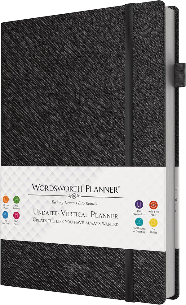Wordsworth Undated Vertical Planner 2022-2023 - Weekly Planning, Organizer Notebook; Increase Productivity, Time Management - Gratitude Journal; Hit Your Goals - Thick Paper (120GSM) B5, Black - Puck's