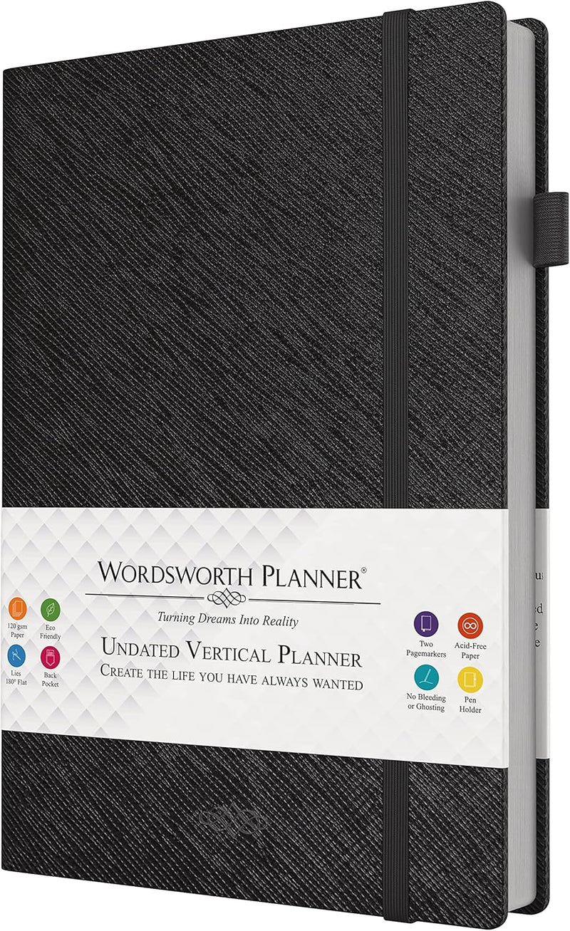 Wordsworth Undated Vertical Planner 2022-2023 - Weekly Planning, Organizer Notebook; Increase Productivity, Time Management - Gratitude Journal; Hit Your Goals - Thick Paper (120GSM) B5, Black - Puck's