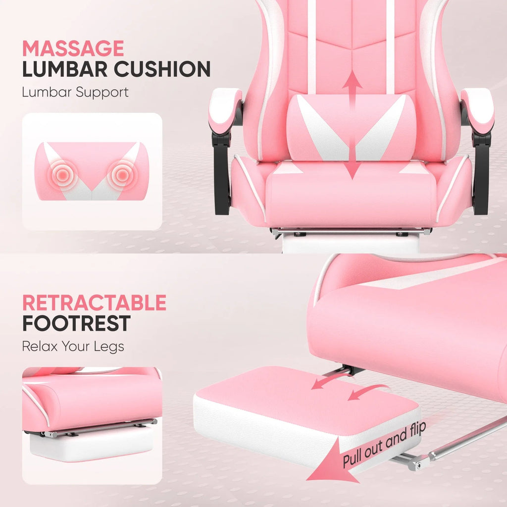 Pink Gaming Chair, Adult Game Gamer with Footrest & Massage Lumbar Pillow for Kid, Ergonomic High Back Office Chairs with Bunny Ear, Pink - Puck's