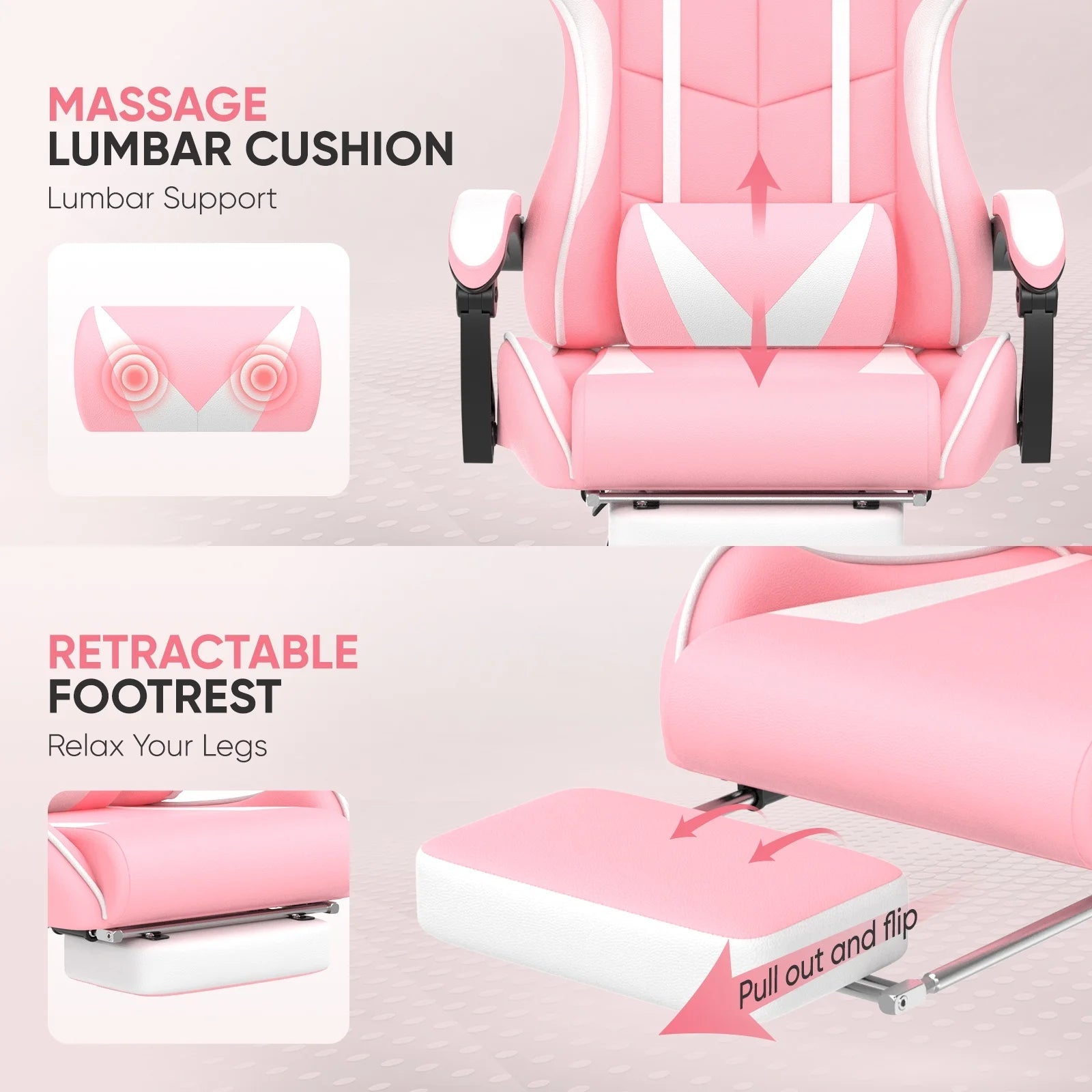 Pink Gaming Chair, Adult Game Gamer with Footrest & Massage Lumbar Pillow for Kid, Ergonomic High Back Office Chairs with Bunny Ear, Pink - Puck's