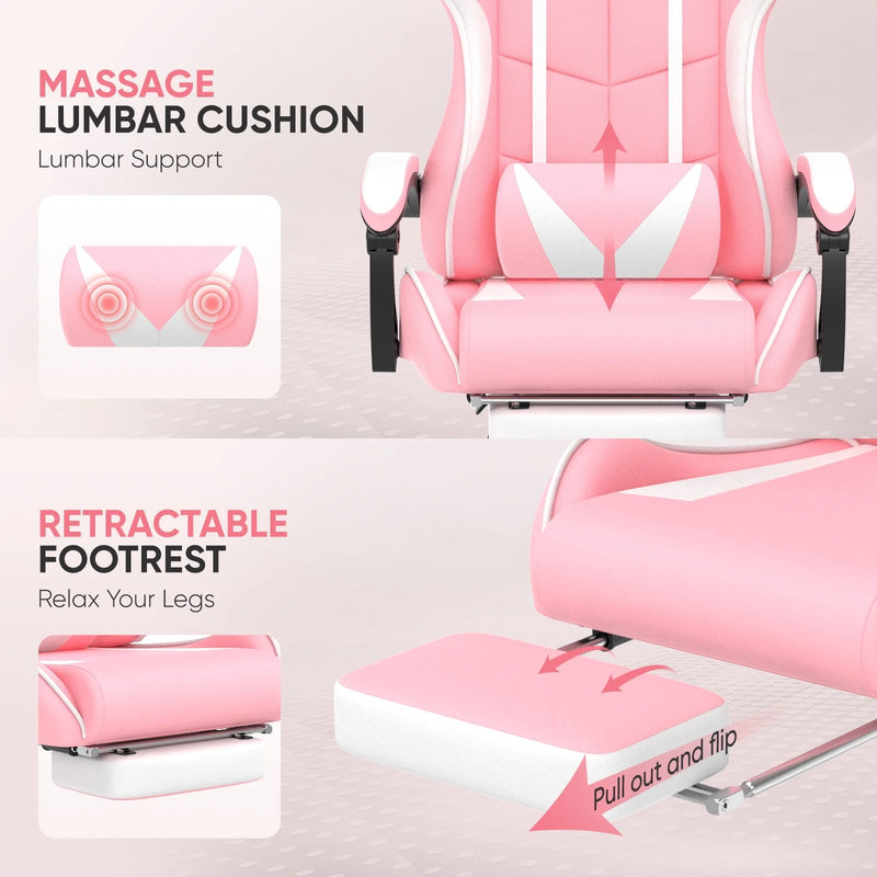 Pink Gaming Chair, Adult Game Gamer with Footrest & Massage Lumbar Pillow for Kid, Ergonomic High Back Office Chairs with Bunny Ear, Pink - Puck's