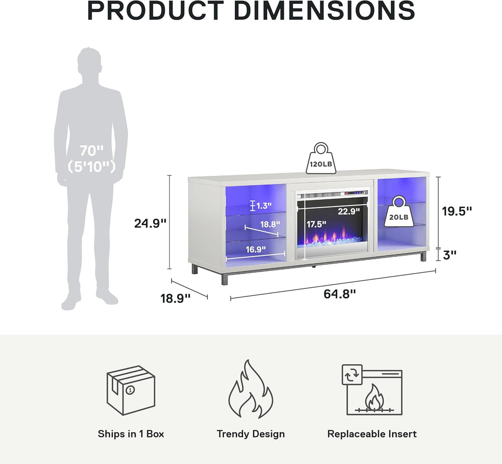 Lumina Fireplace TV Stand for Tvs up to 70 Inch, Replaceable Electric Fireplace Insert Heater, Remote Control, Timer, Color Changing LED Lights, Crystal Ember Flames, White - Puck's