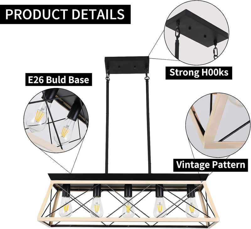 5-Light Kitchen Island Pendant Lighting, 31.5 Inch Farmhouse Chandelier,Rustic Linear Lighting Fixtures Ceiling, Dining Room Light Fixtures with White & Wood Painting - Puck's
