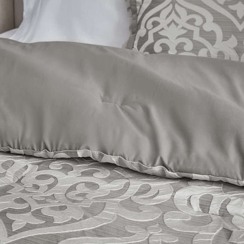 Tesla Cozy Comforter Set Jacquard Damask Medallion Design - All Season down Alternative Bedding, Shams, Bedskirt, Decorative Pillows, Queen, Silver 6 Piece - Puck's
