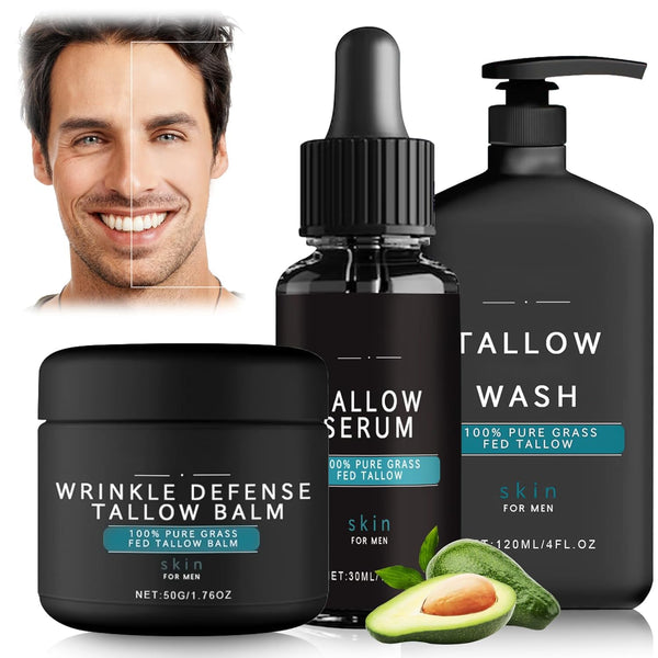 Wrinkle Defense Tallow Balm,Skin Care for Men,Natural Tallow Moisturizer Face,Beef Tallow Balm Face Moisturizer,Diminish Fine Lines,Wrinkles | Mens Skincare Kit(Cream & Face Wash & Night Serum) - Puck's