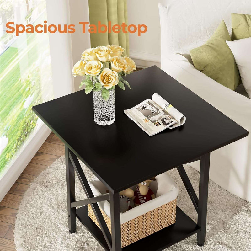 End Table 24 Inch for Living Room, Large Square Side Tables with X-Frame, Tall Industrial Bedside Nightstand with 2-Tier Storage, Black - Puck's