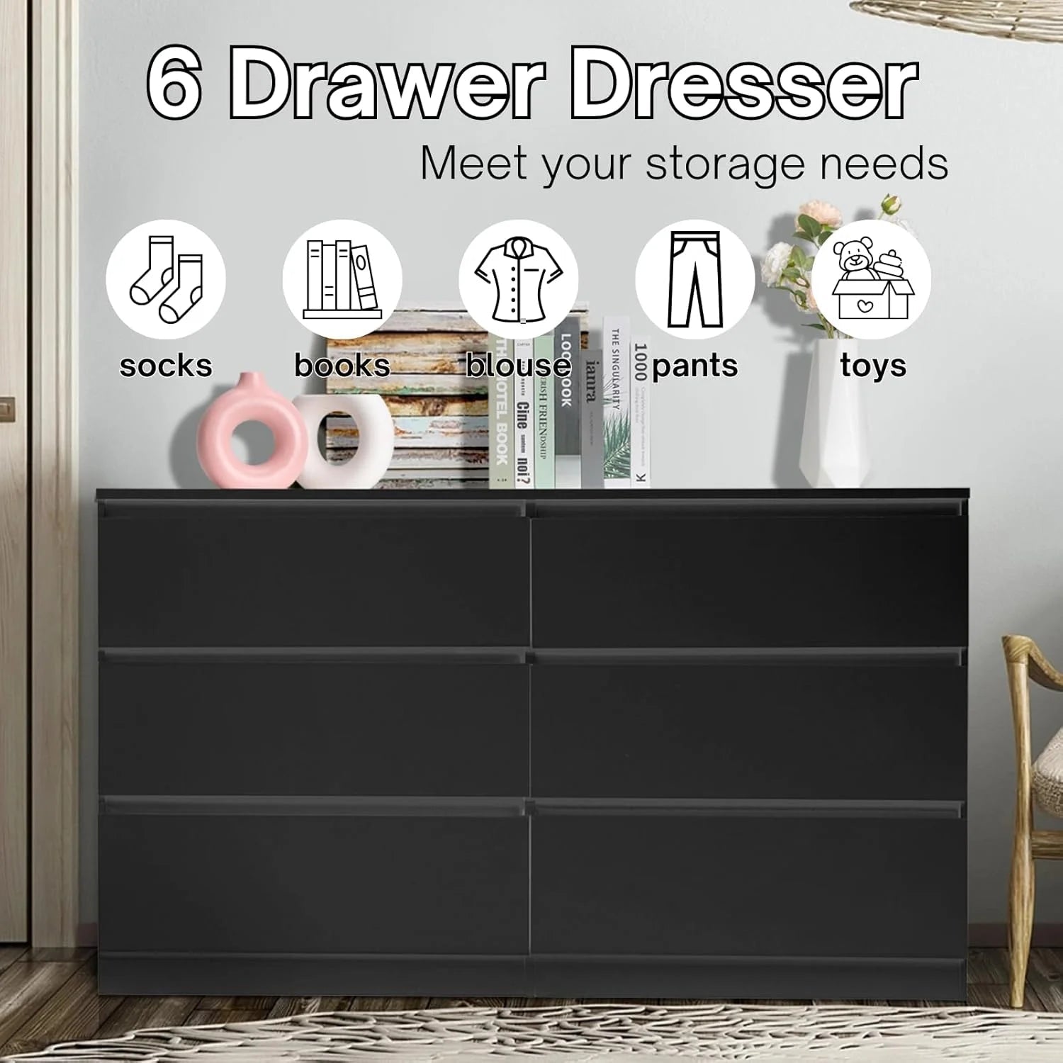 6 Drawer Double Dresser, Kids Dresser, Nursery Dresser Drawer Organizer, Chest of Drawers, Black - Puck's