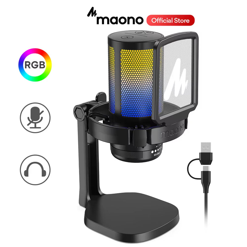 Gamerwave DGM20 RGB Gaming Microphone USB Condenser Mic Noise Canceling Mic with Mic Gain,Rgb Light,One Key Mute - Puck's