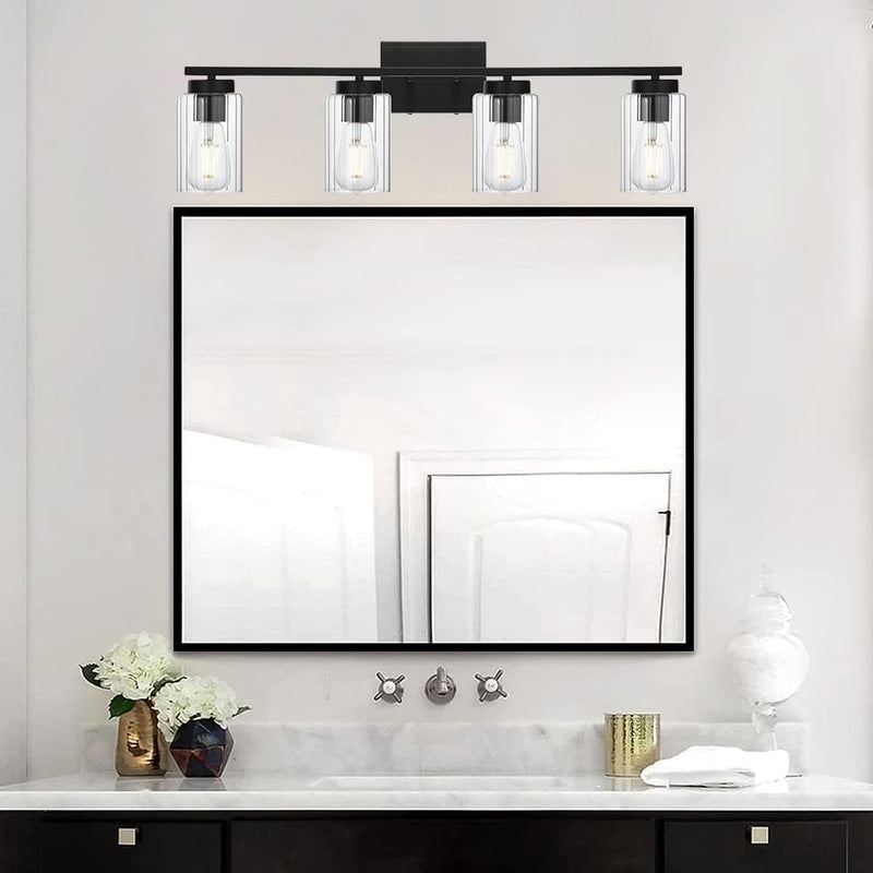Industrial Bathroom Vanity Light 4 Light Bathroom Lighting Black Finish with Clear Ribbed Glass Shade Wall Lighting Fixtures for Bathroom Hallway Kitchen Living Room. - Puck's