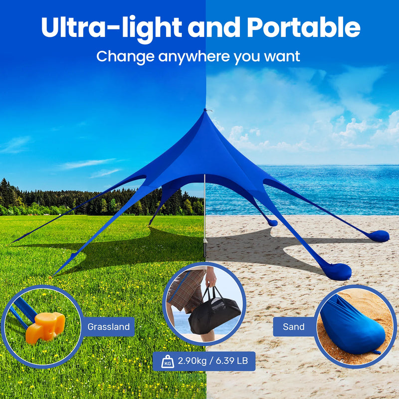 Beach Canopy Tent Sun Shade,  12X12 FT Beach Tent Sun Shelter UPF 50+ UV Protection with Sandbags , 1 Stability Poles and Ground Pegs and Anti-Wind Ropes,Blue