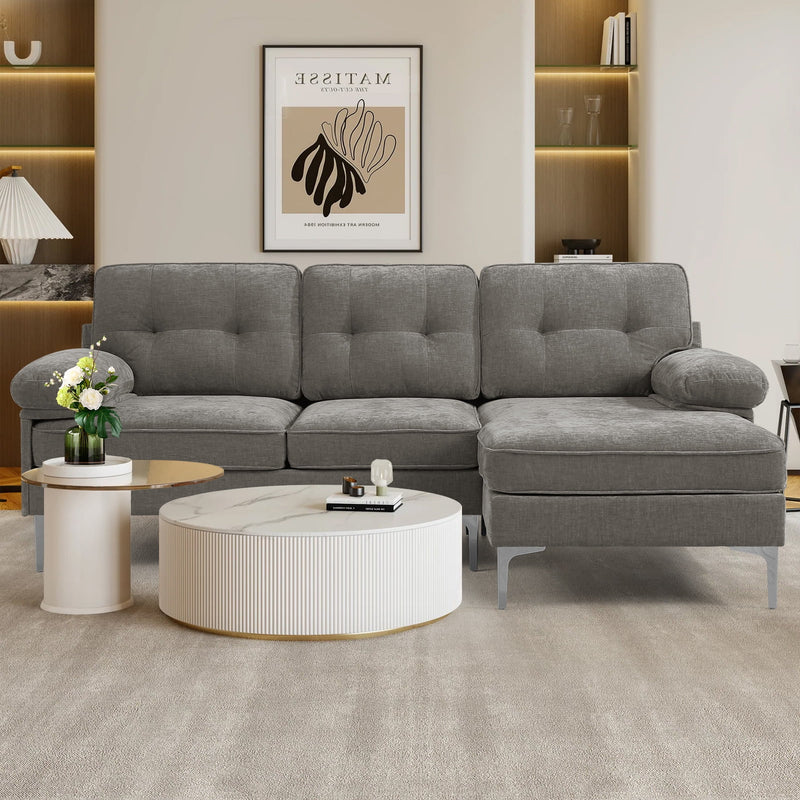 Converteerbare slaapbank, L-vormige bank met omkeerbare chaise lounge, Chenille stof moderne bank voor woonkamer, appartement, kantoor, 3 zitplaatsen, grijs - Puck's