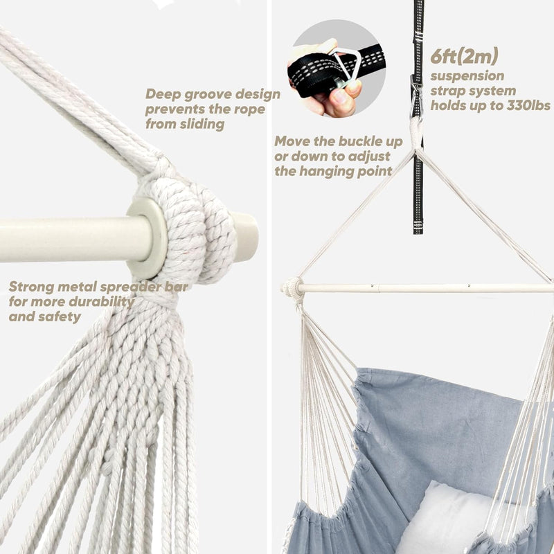 Hammock Chair Hanging Swing Max 500 Lbs 2 Cushions Included Steel Spreader Bar with Anti-Slip Grooves Portable Hanging Chair Side Pocket Large Macrame Bohemian Chair Indoor Outdoor - Puck's