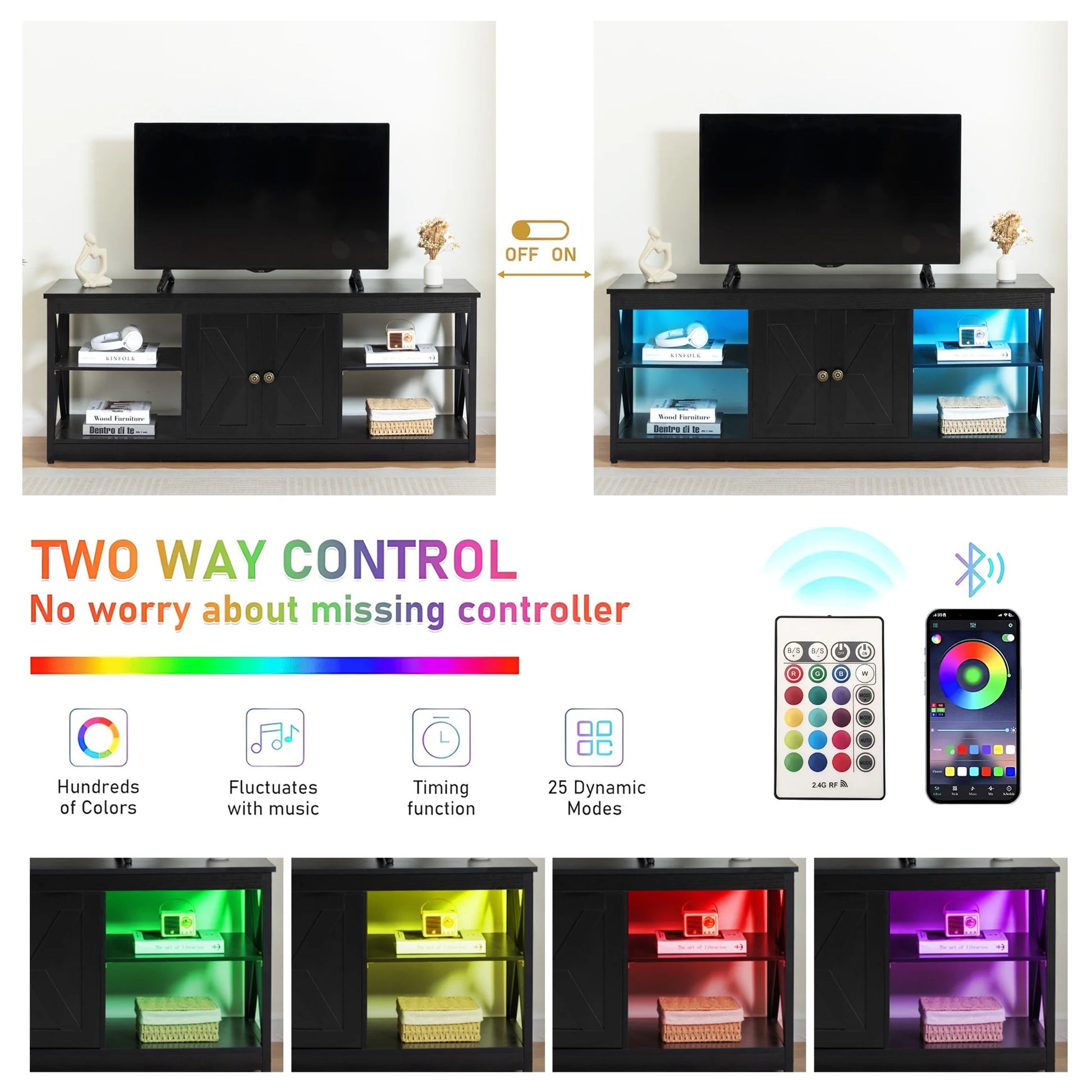 Black TV Stand for 65 Inch TV, Modern TV Cabinet with LED Light - Puck's