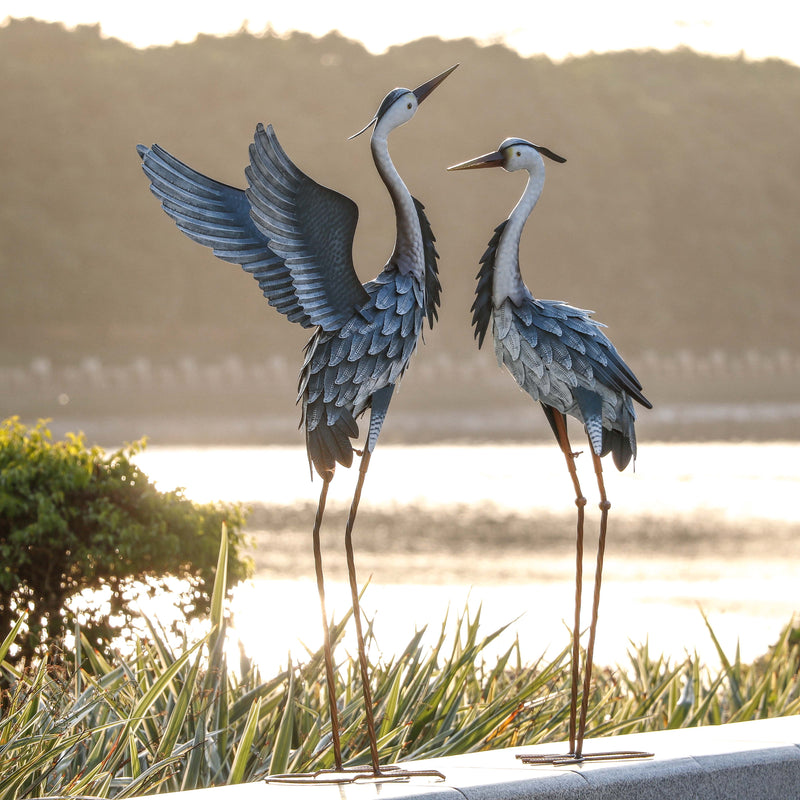 2Pcs 40.75''H, 37.20''H Blue Metal Heron Decor Garden Sculptures Statues, Large Crane Bird Yard Art for Outdoor Porch Party Decorations - Puck's