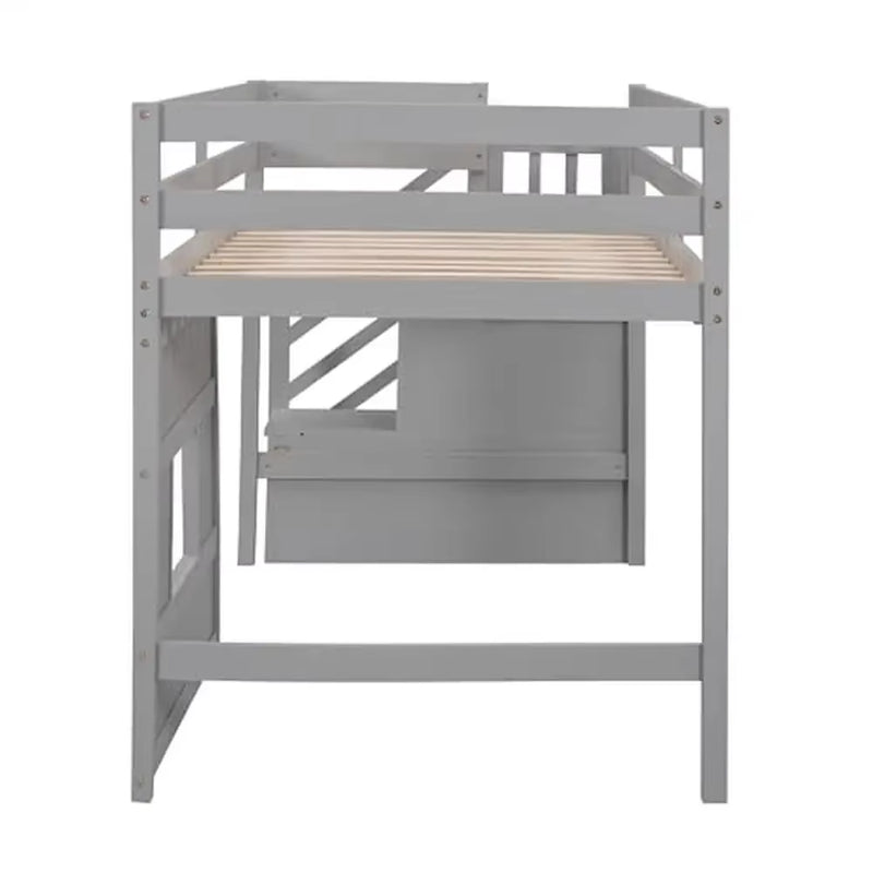 Twin Low Loft Bed with Stairs & Storage Kids Solid Pine Wood Gray Finish High Safety Guard Rails Shelves& Movable Desk Modern - Puck's