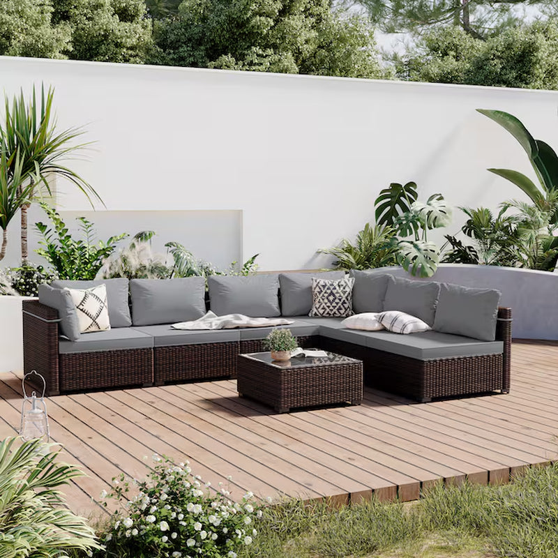 7 -Piece Rattan Patio Conversation Set with Beige Cushions - Puck's