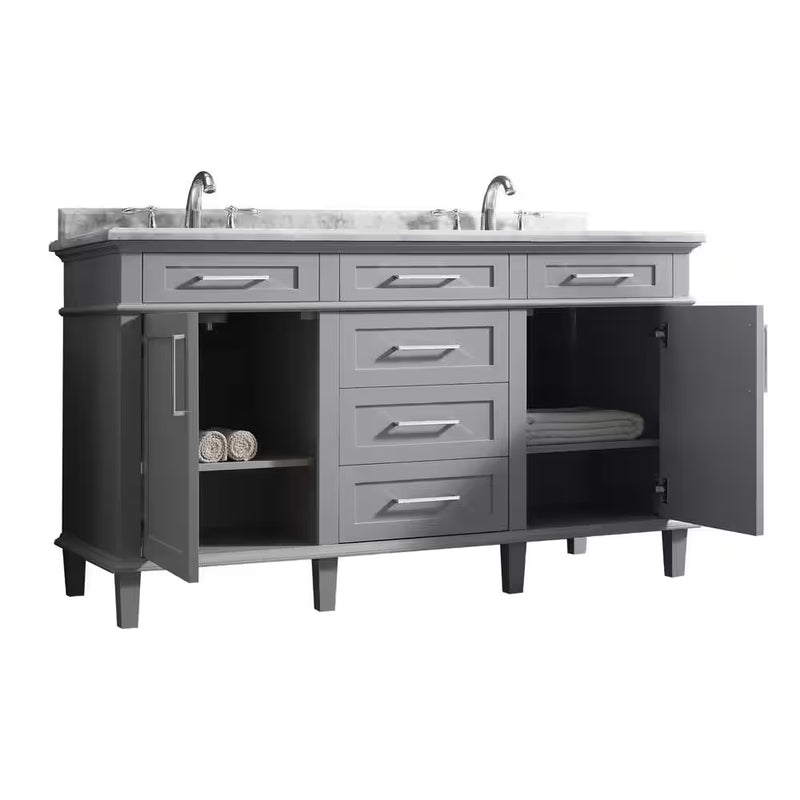 Sonoma 60 In. Dubbele Gootsteen Kiezel Grijs Bad Wastafel met Carrara Marmeren Bovenblad (Gemonteerd) - Puck's