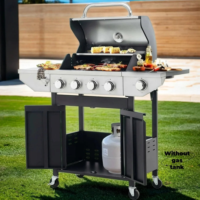 4-Burner Propane Gas Grill with Side Burner, 46700 BTU Porcelain-Enameled Cast Iron Grates Outdoor Cooking Stainless Steel BBQ Grills Cabinet, Black