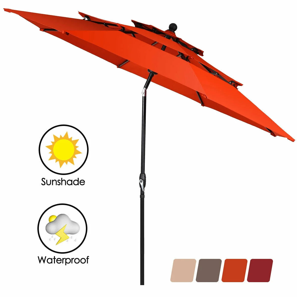 10Ft 3 Tier Patio Market Umbrella Aluminum Sunshade Shelter Double Vented Orange - Puck's