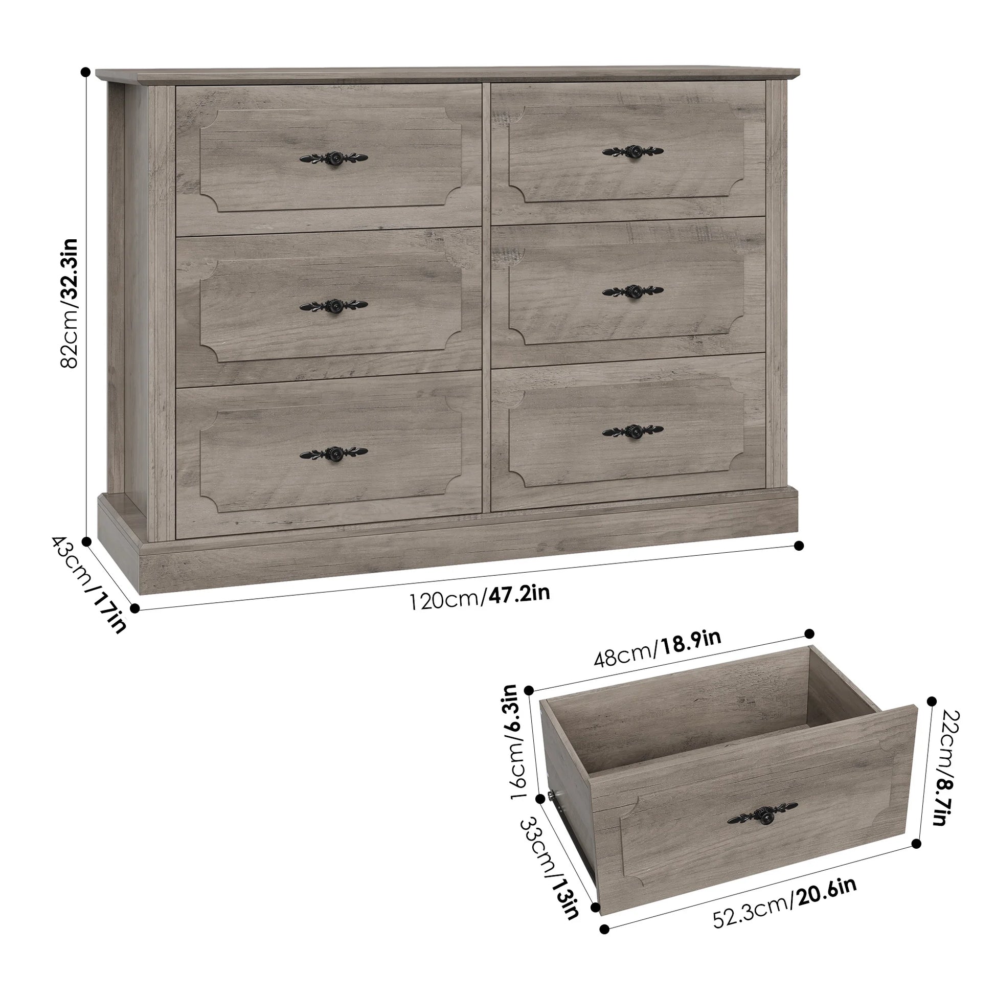6 Drawer Bedroom Dresser, Farmhouse Wood Storage Drawer Chest Cabinet for Living Room Entryway, Gray - Puck's