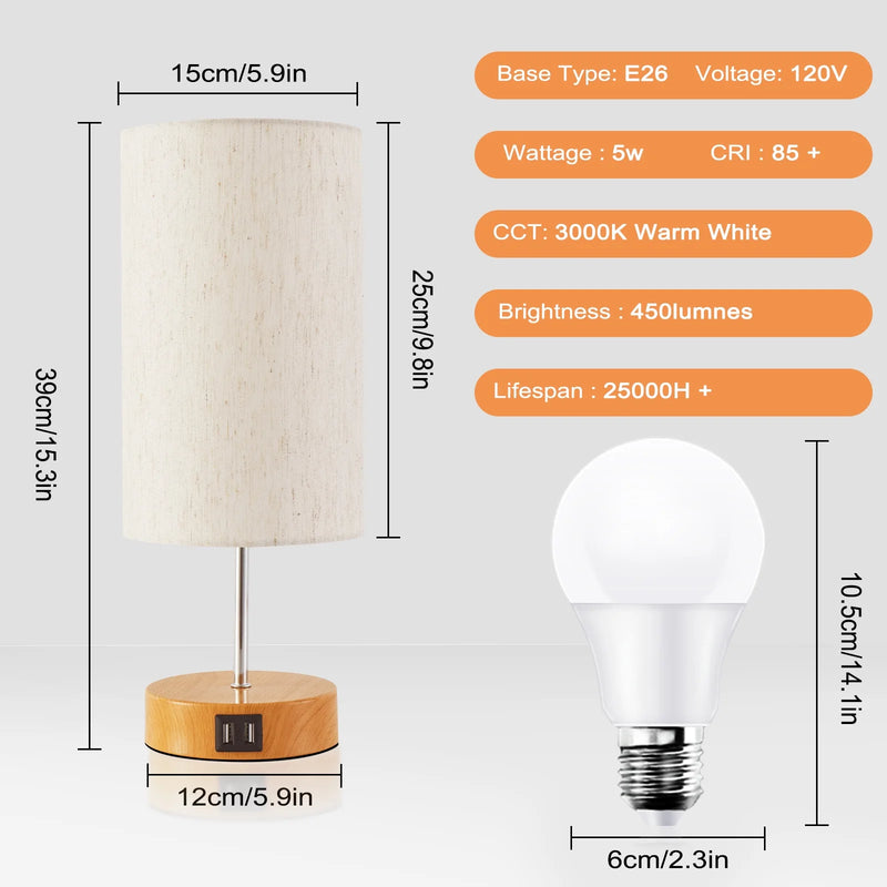 Bedside Lamp, Touch Control Table Lamp with USB A+C Charging Ports & AC Outlet 3-Way Dimmable Nightstand Lamp with Linen Fabric Shade for Bedroom Living Room with Light Bulb