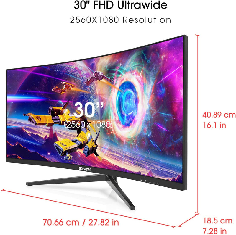30-Inch Curved Gaming Monitor 21:9 2560X1080 Ultra Wide/ Slim HDMI Displayport up to 200Hz Build-In Speakers, Metal Black (C305B-200UN1) - Puck's